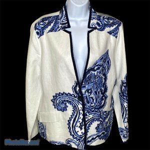 Chicos Linen Paisley White Blue Jacket Lined